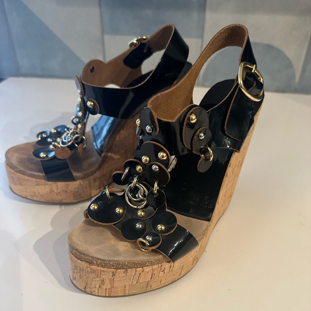 Pedro Garcia leather wedges with gold hardware.